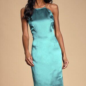 NWT Lulus Zoyah Teal Green Satin Backless Midi Dress